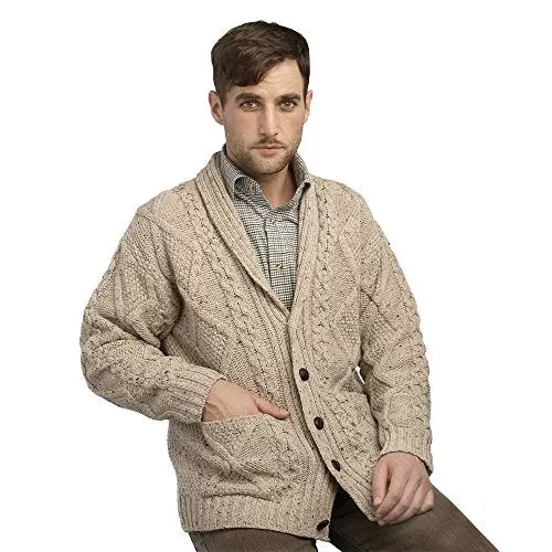 100% Irish Merino Wool Aran Button Cardigan, Oatmeal, Large