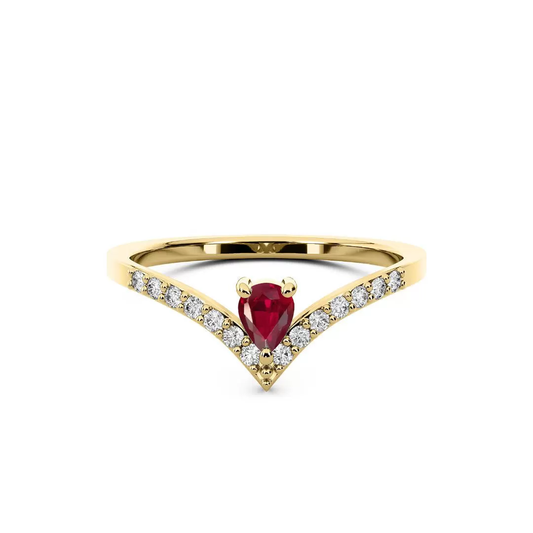 14k Yellow Gold 0.25ct ttw Diamond & Ruby Pear Drop Chevron Ring