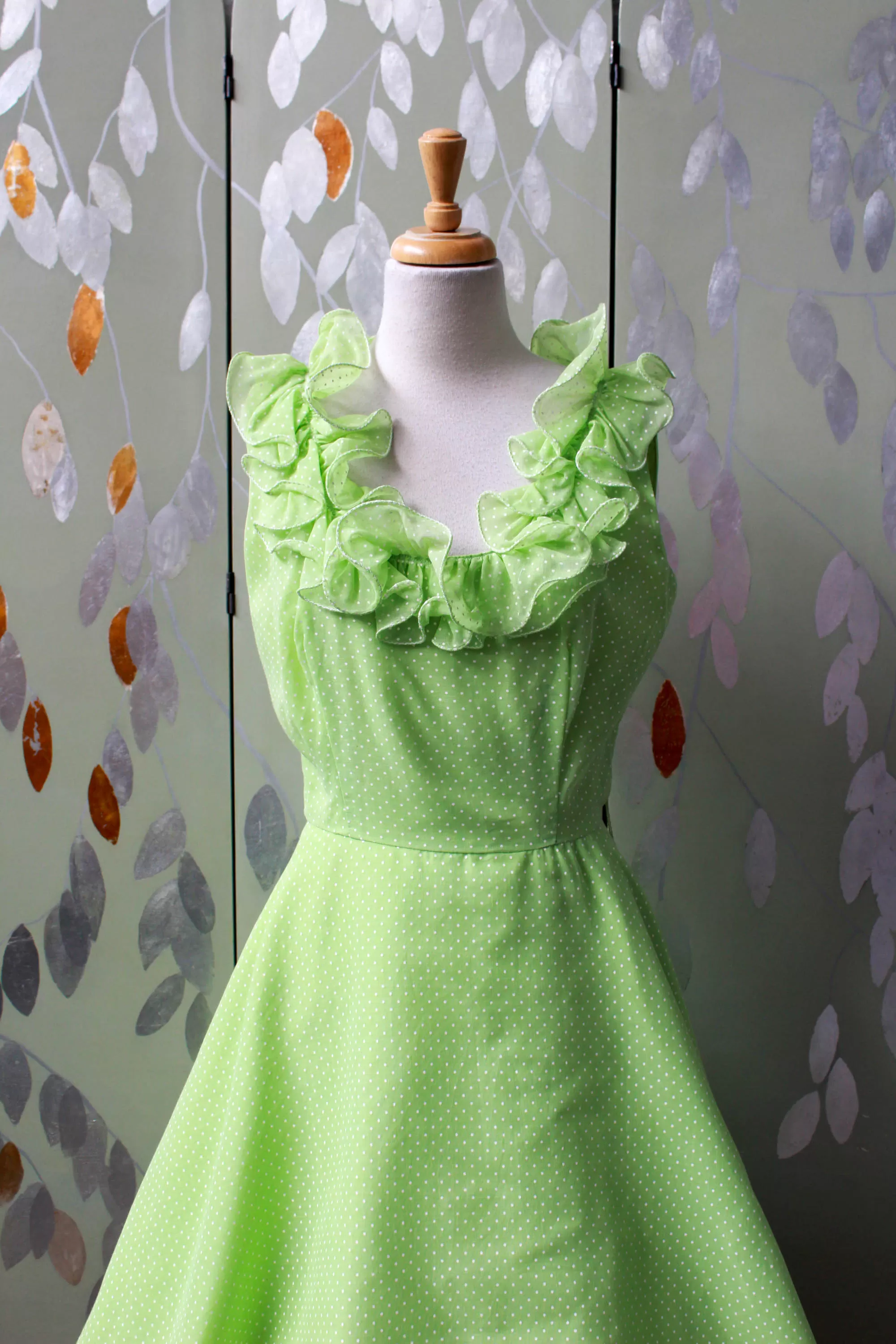 1960s Lime Green Polka Dot Dress, Small