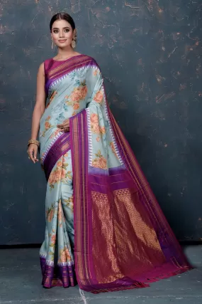 90L915 Light Blue Floral Gadhwal Silk Saree with Purple Zari Border