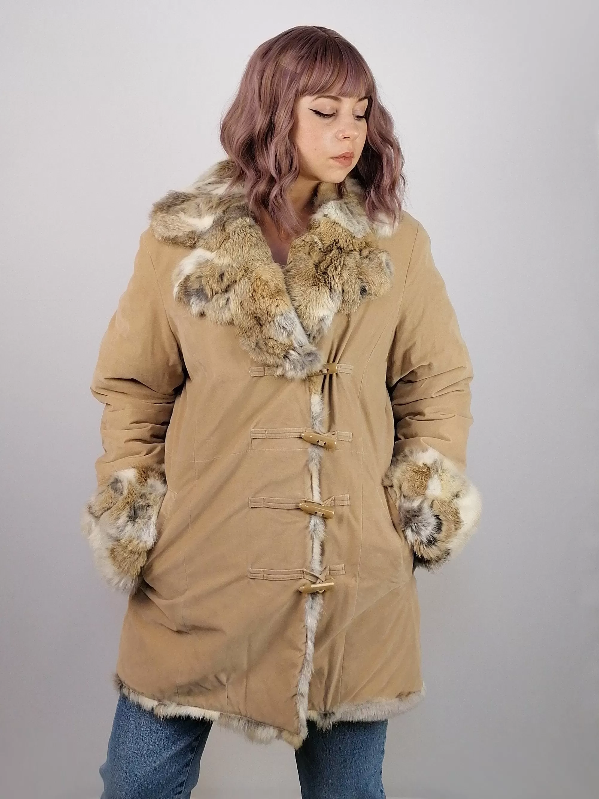 90's Faux Suede Real Fur Trim Oversized Coat