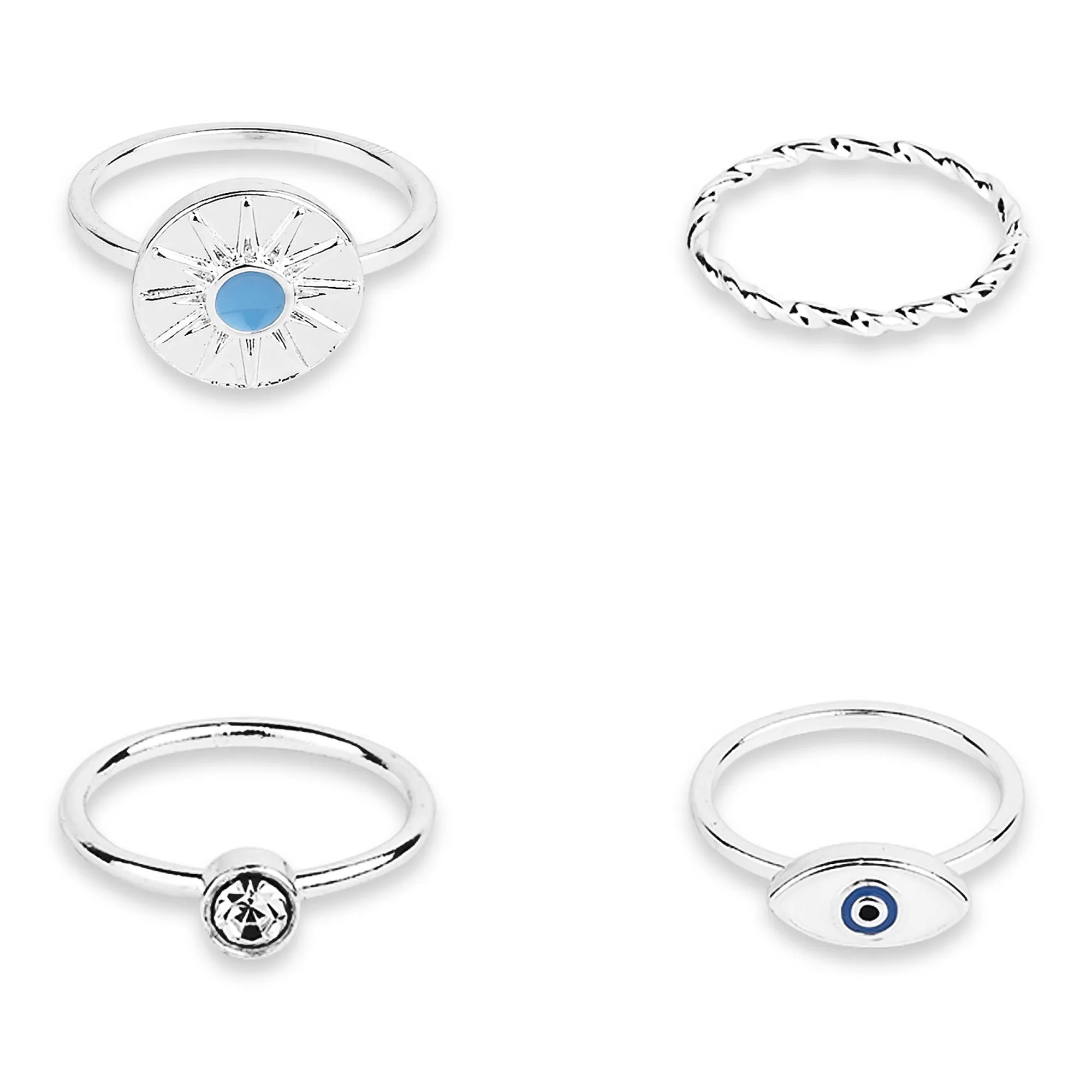 Accessorize London Women's Silver Evil Eye Ring Pack Of 4-Small