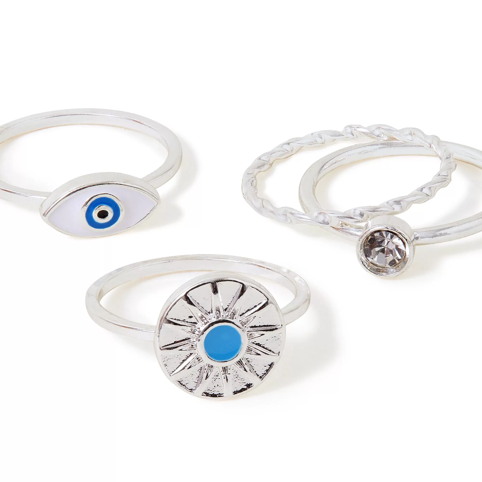 Accessorize London Women's Silver Evil Eye Ring Pack Of 4-Small