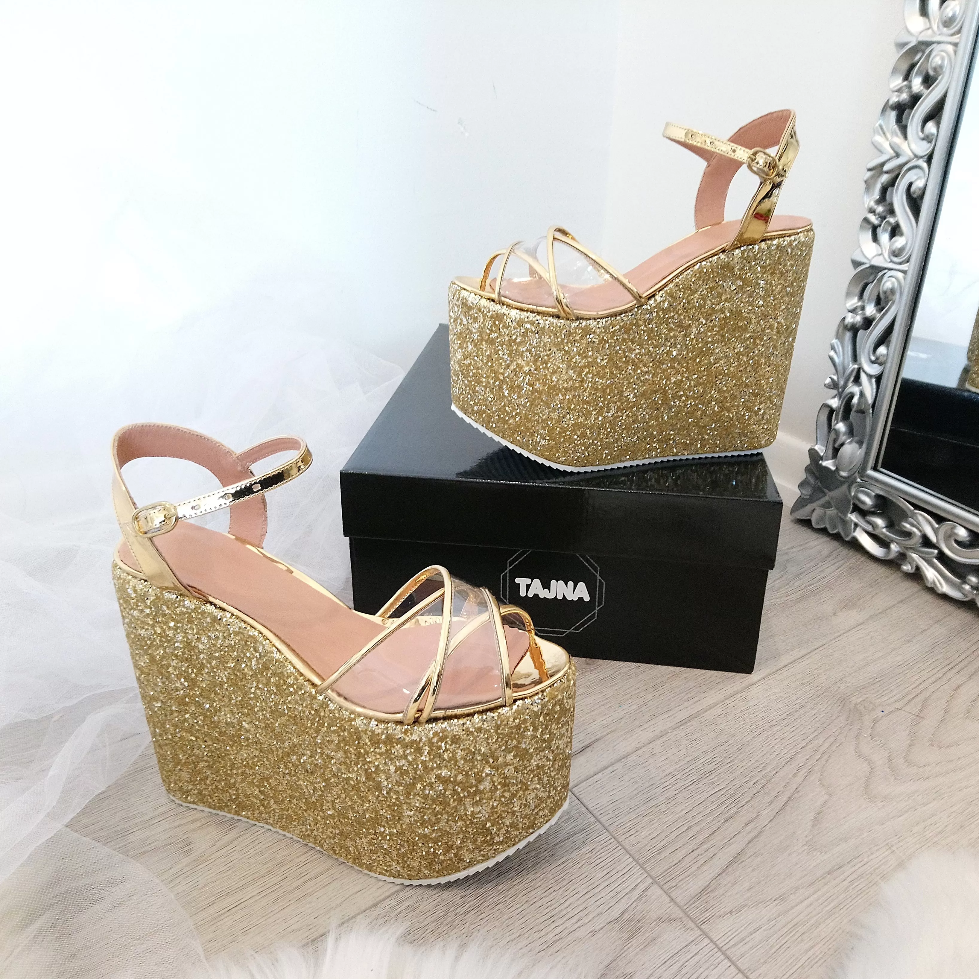 Ankle Strap Gold Glam Wedge Sandals