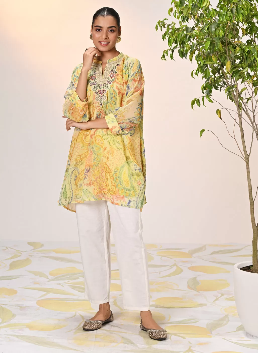 Anya Lemon Printed Georgette Long Top for Women