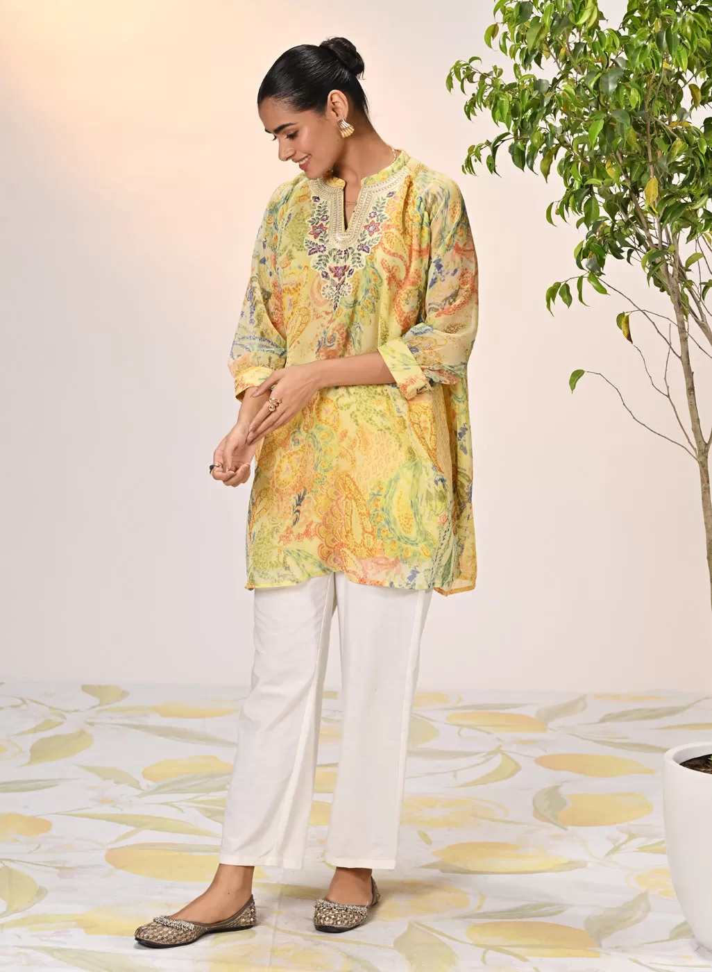 Anya Lemon Printed Georgette Long Top for Women