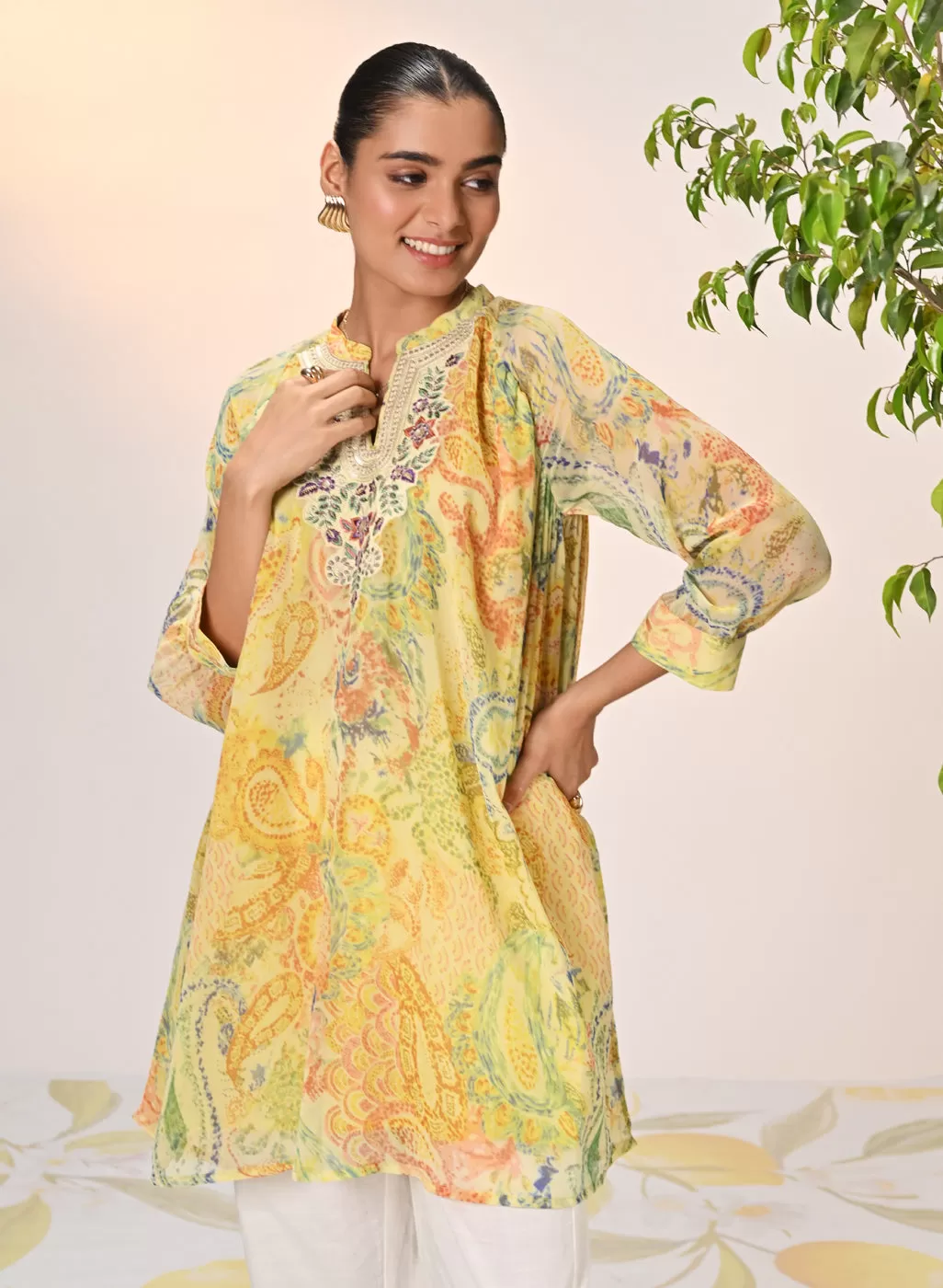 Anya Lemon Printed Georgette Long Top for Women