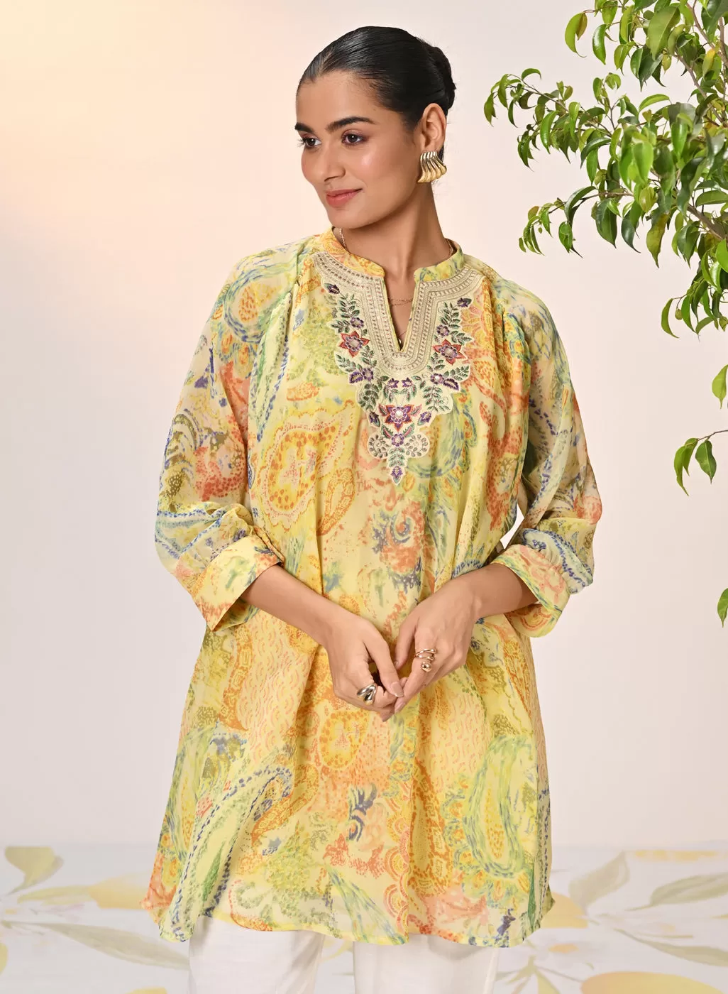 Anya Lemon Printed Georgette Long Top for Women