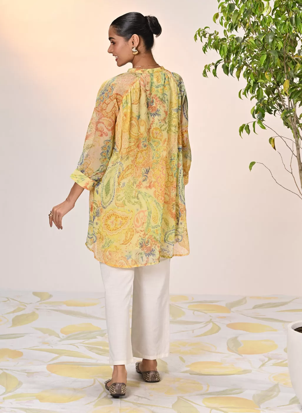 Anya Lemon Printed Georgette Long Top for Women