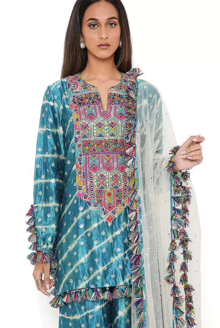 Aqua Silk Bandhani Leheriya Kurta And Sharara Set