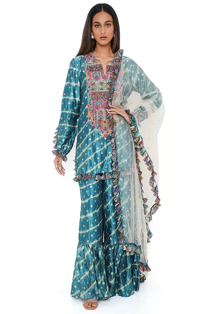 Aqua Silk Bandhani Leheriya Kurta And Sharara Set