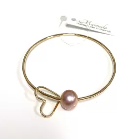 Bangle Lani - pink pearl & heart charm (B255)