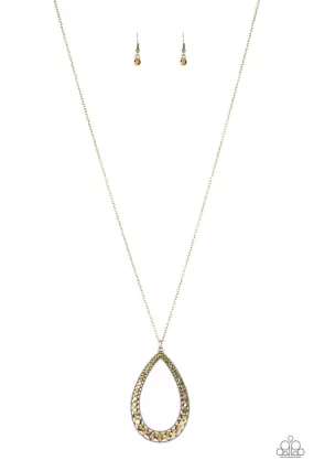 Big Ticket Twinkle Brass Teardrop Necklace - Paparazzi Accessories