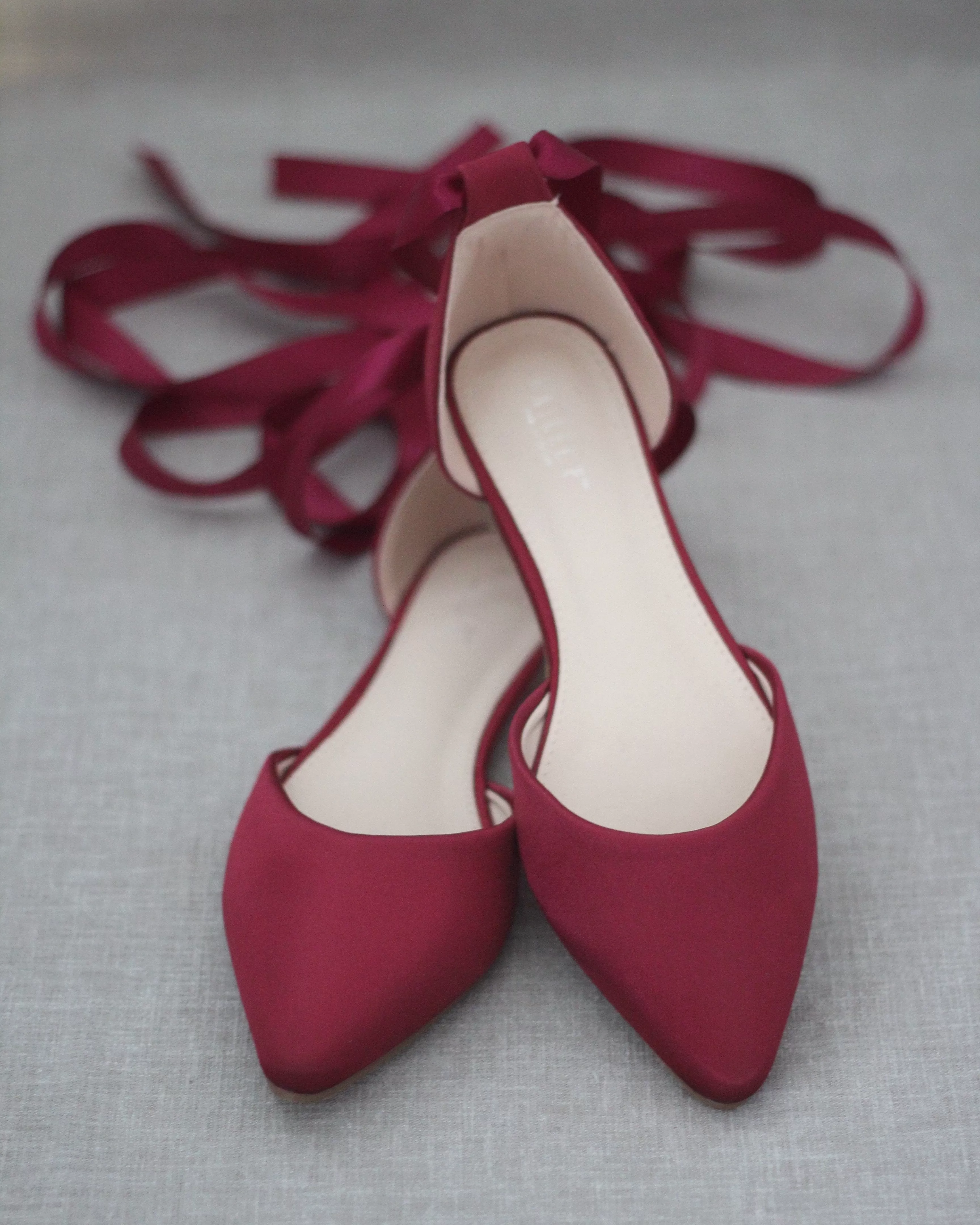 Burgundy Satin Pointy Toe Flats with Satin Ankle Tie or Ballerina Lace Up