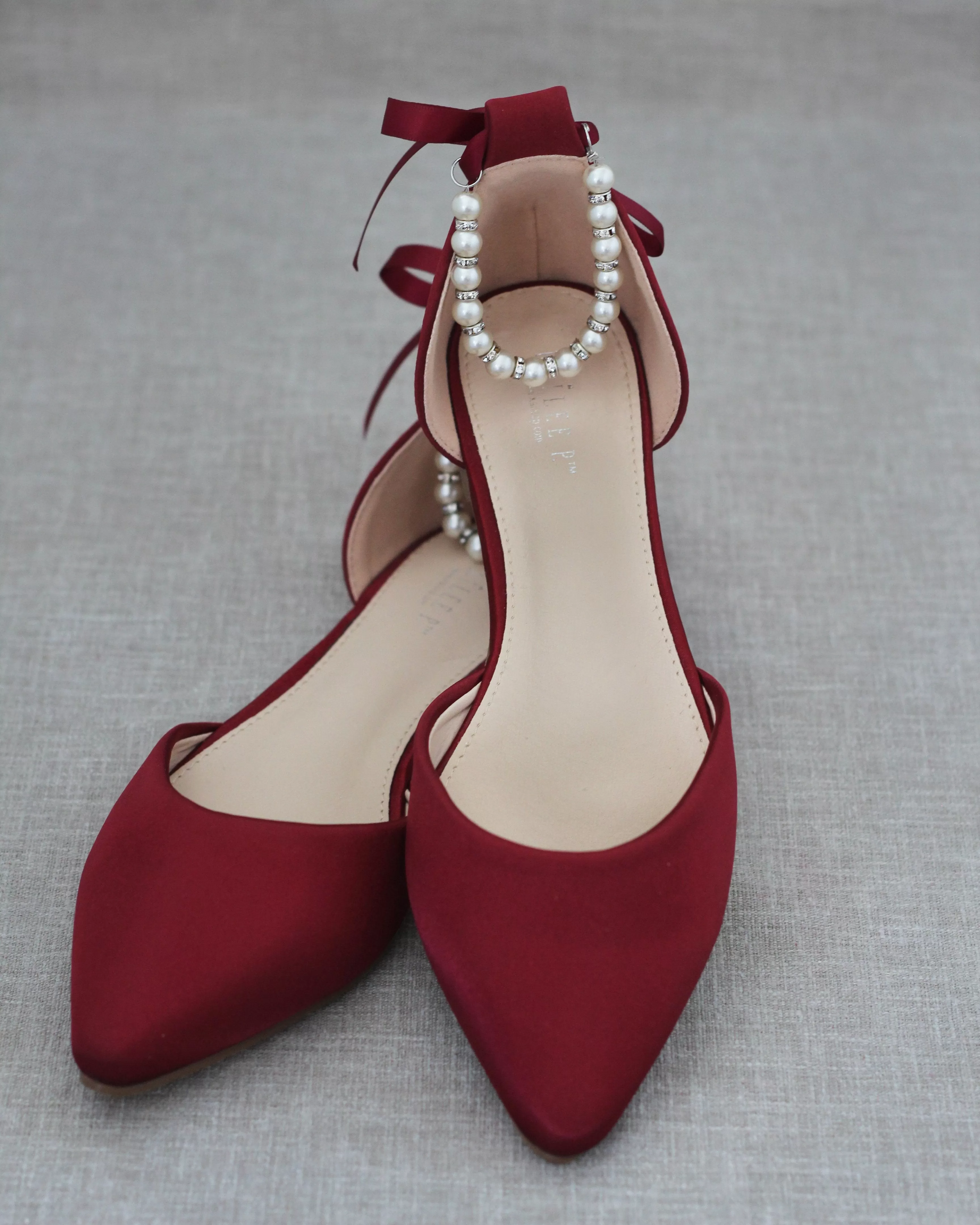 Burgundy Satin Pointy Toe Flats with Satin Ankle Tie or Ballerina Lace Up