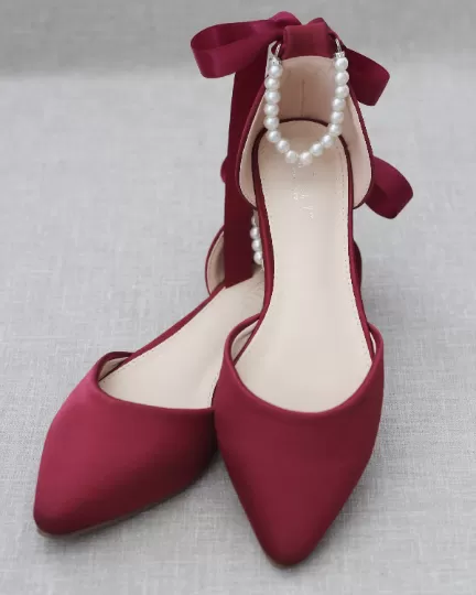 Burgundy Satin Pointy Toe Flats with Satin Ankle Tie or Ballerina Lace Up