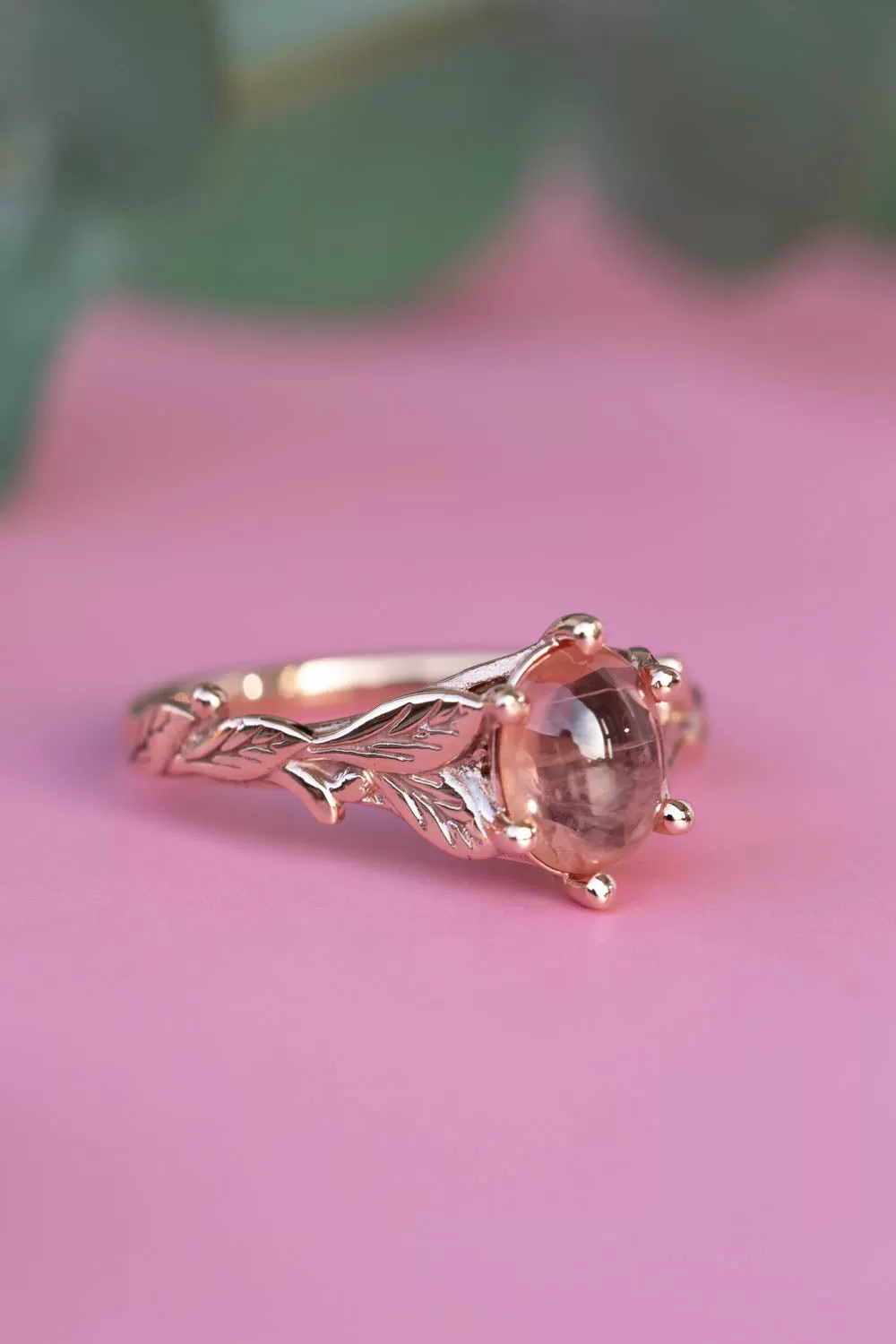 Cabochon pink sapphire engagement ring, gold leaves proposal ring / Freesia