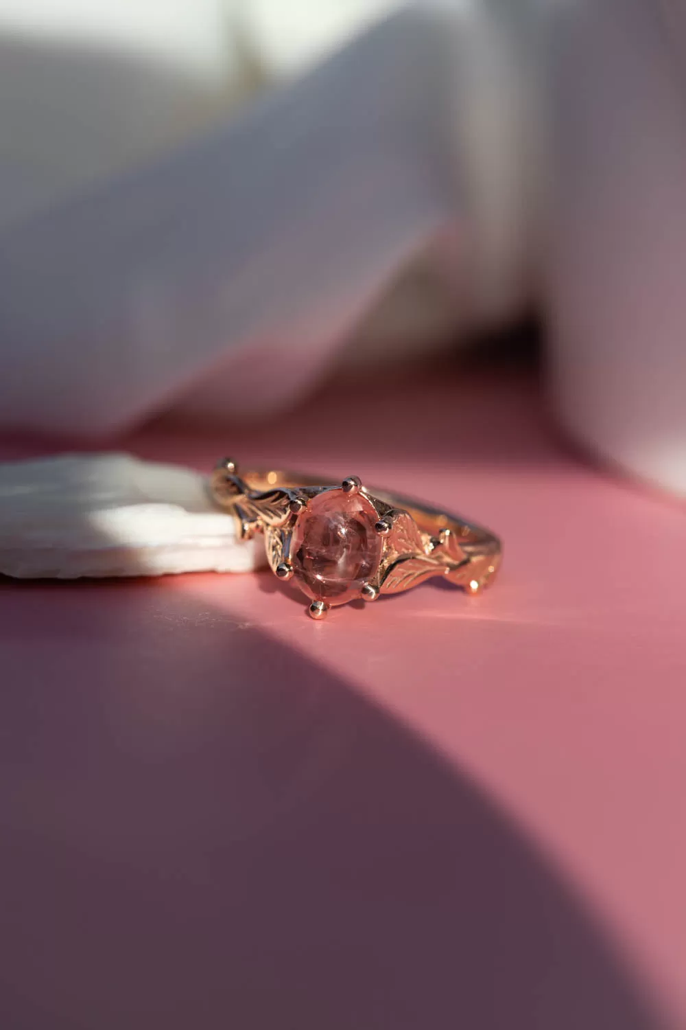 Cabochon pink sapphire engagement ring, gold leaves proposal ring / Freesia