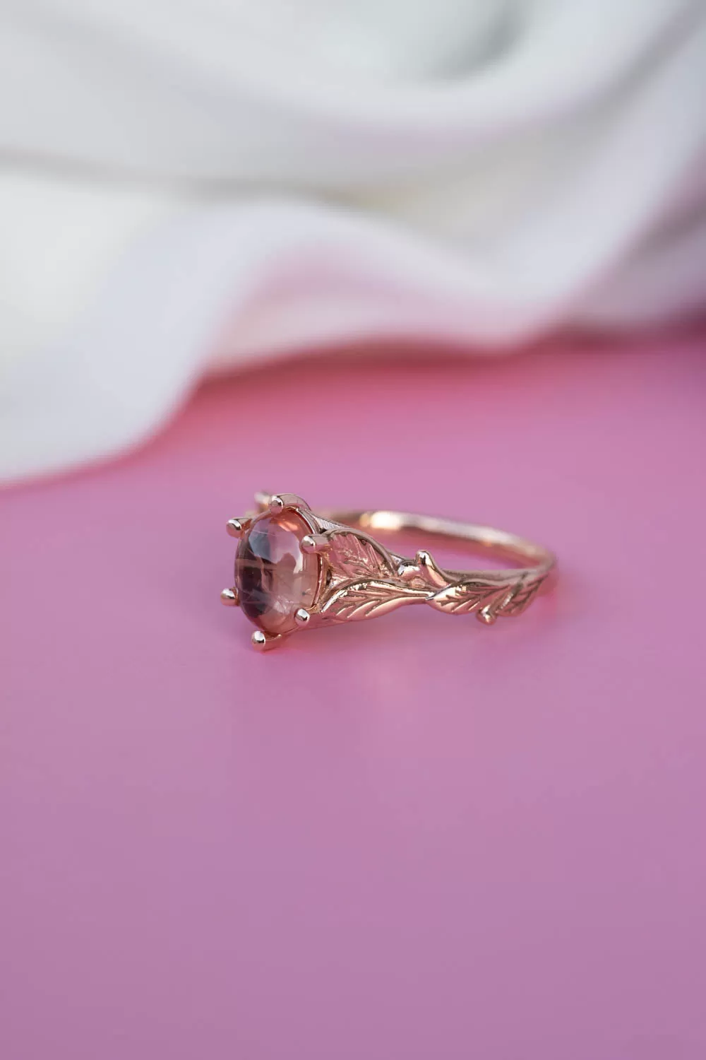 Cabochon pink sapphire engagement ring, gold leaves proposal ring / Freesia