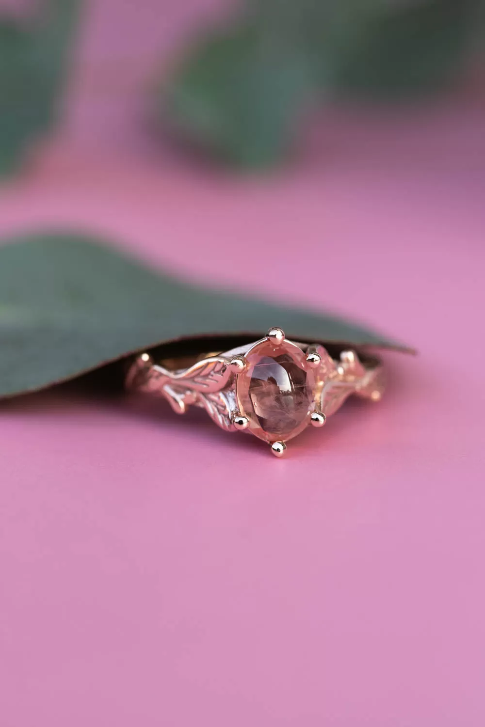 Cabochon pink sapphire engagement ring, gold leaves proposal ring / Freesia