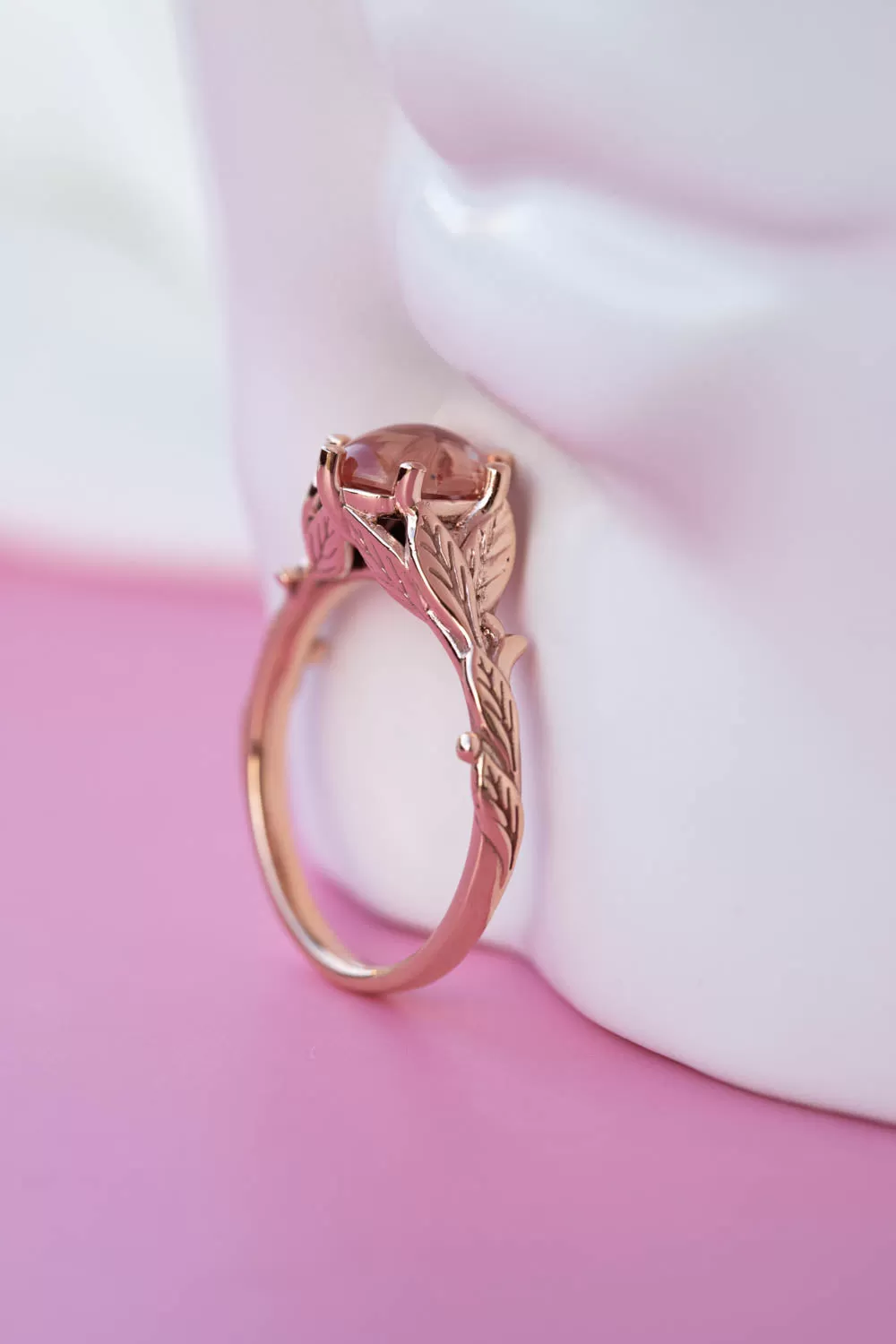 Cabochon pink sapphire engagement ring, gold leaves proposal ring / Freesia