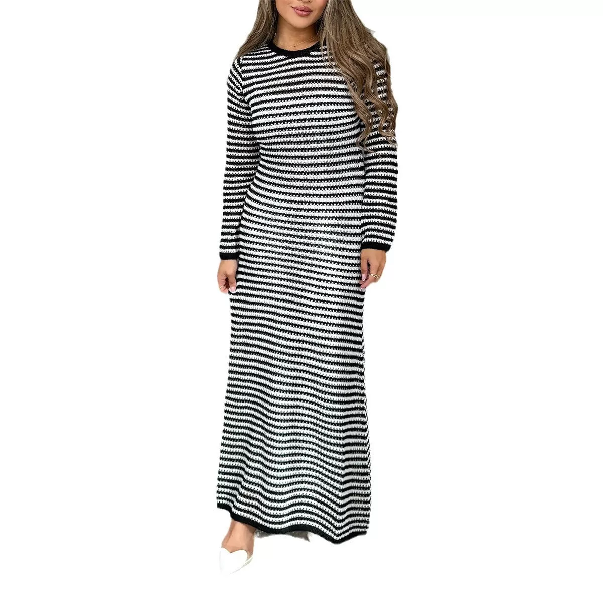 Casual Contrast Stripe Long Sleeve Sweater Dresses Wholesale Womens Clothing N3824101000020