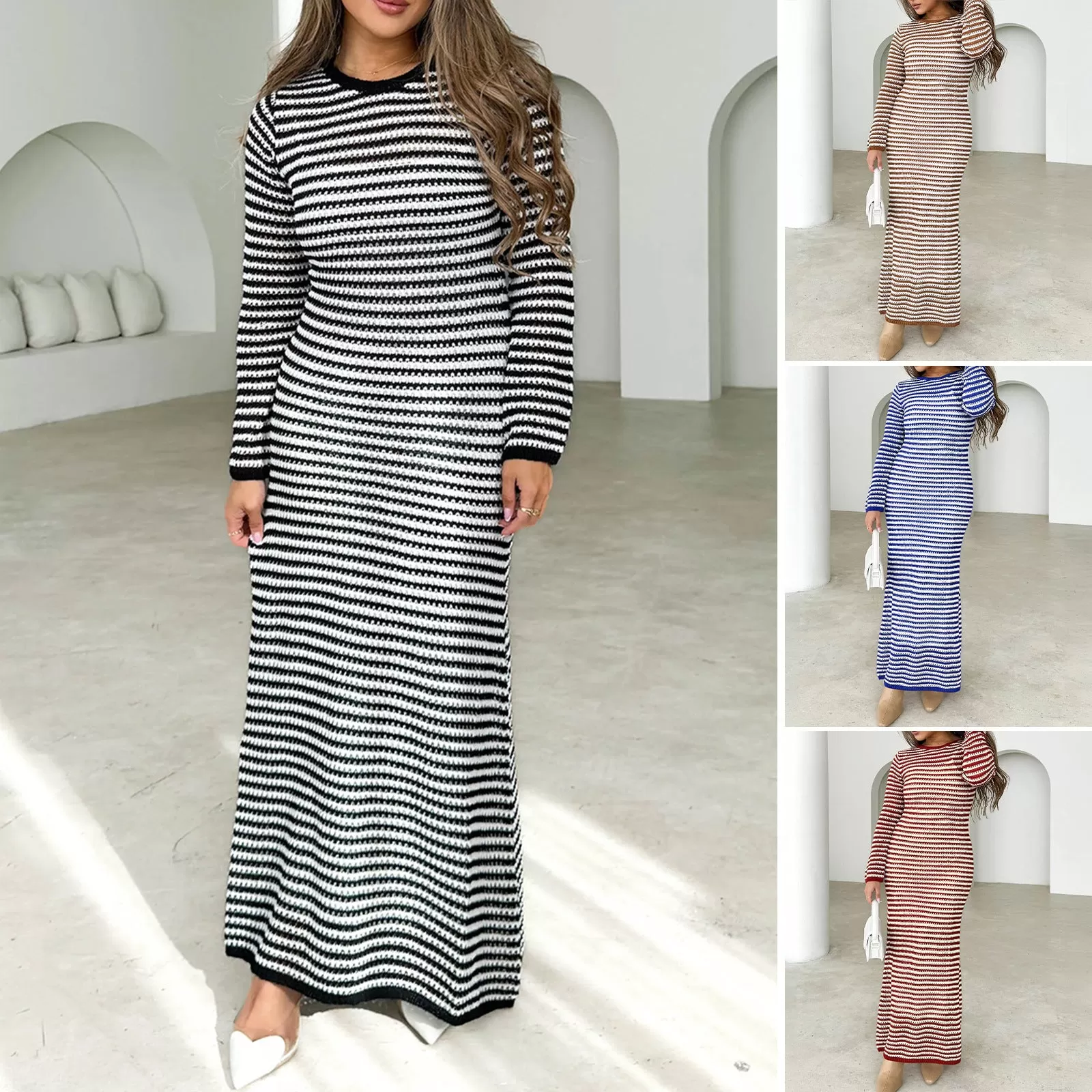 Casual Contrast Stripe Long Sleeve Sweater Dresses Wholesale Womens Clothing N3824101000020