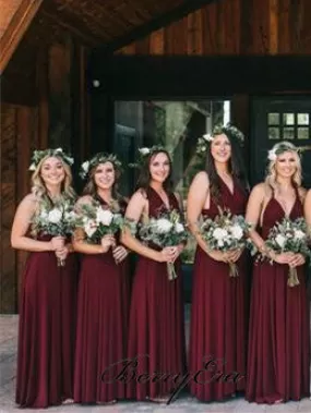 Convertible Long Jersey Bridesmaid Dresses, Burgundy Bridesmaid Dresses