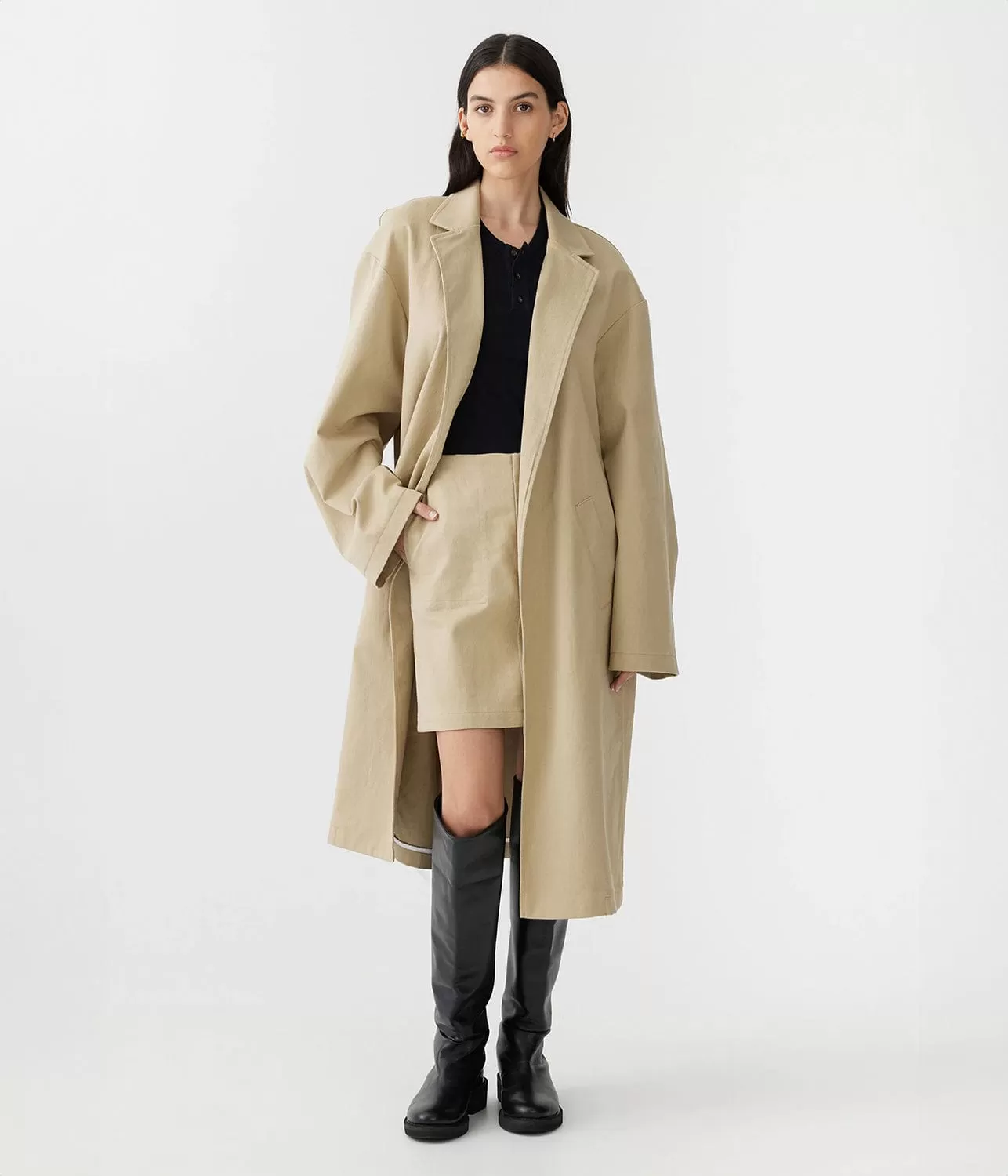 COTTON TWILL LONGERLINE TRENCH- TAN