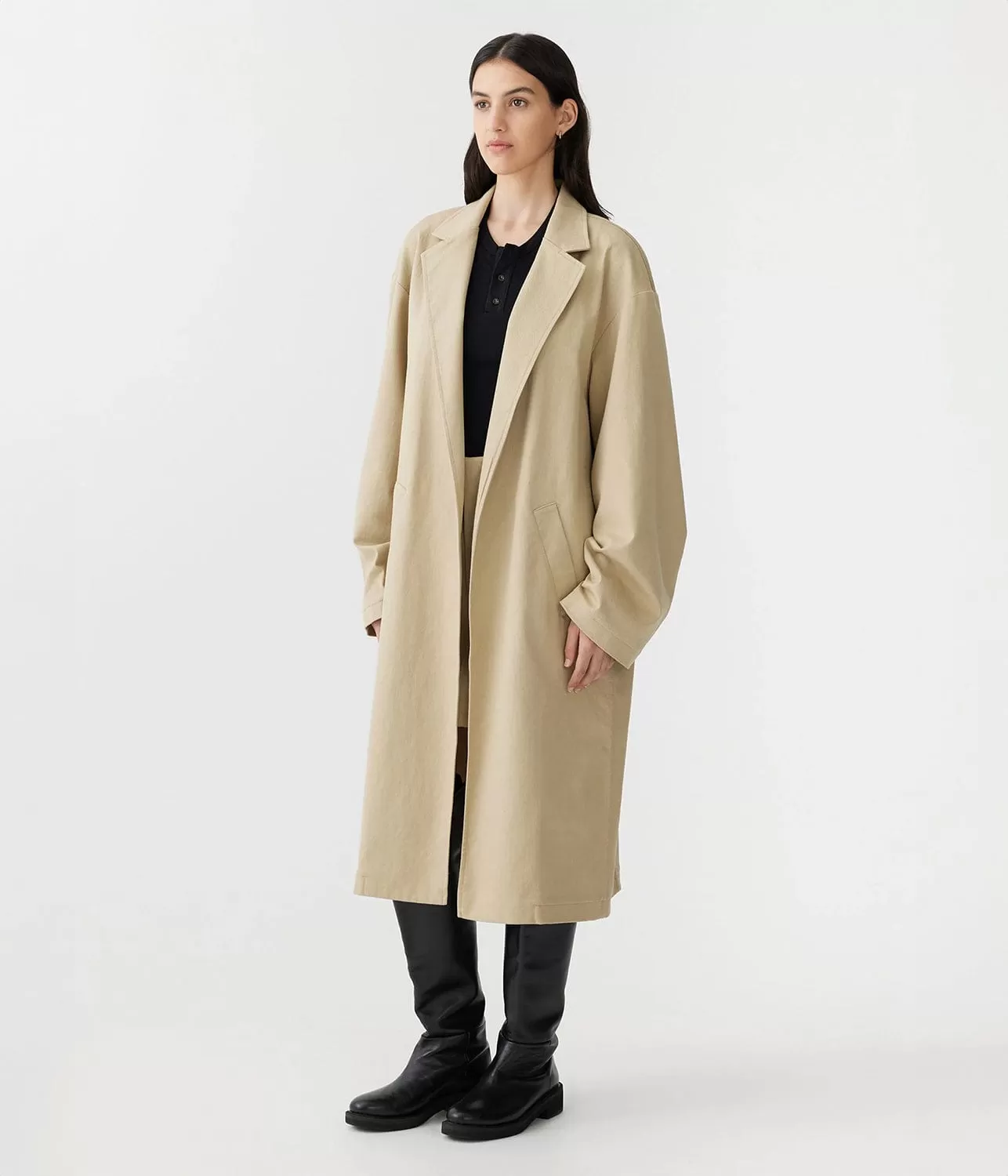 COTTON TWILL LONGERLINE TRENCH- TAN