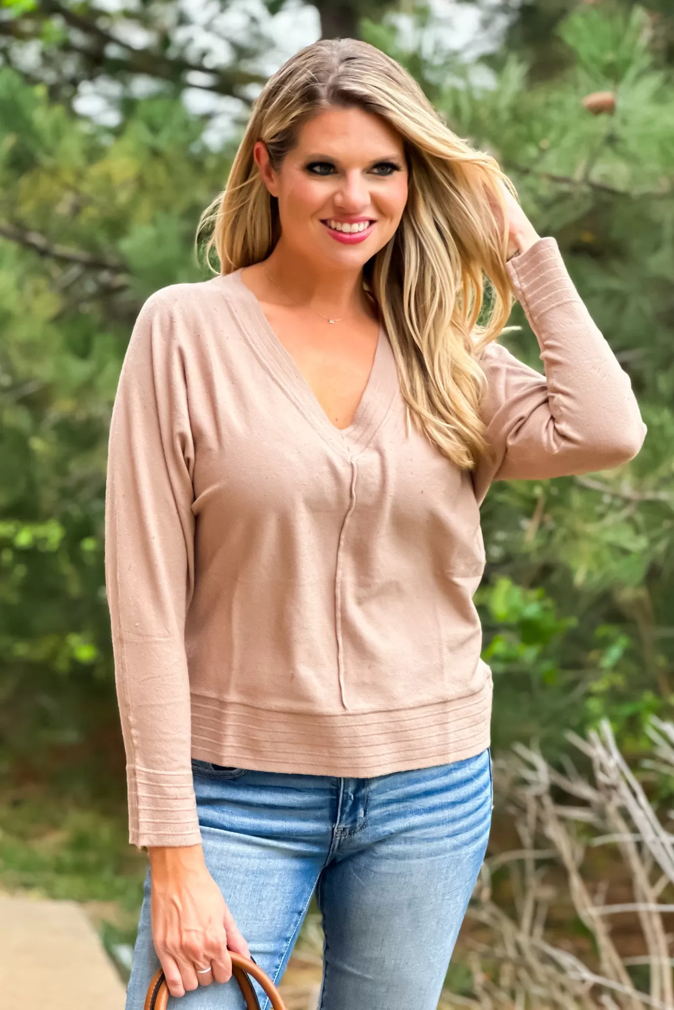 Endearing Love V-Neck Dolman Sleeve Sweater : Tan