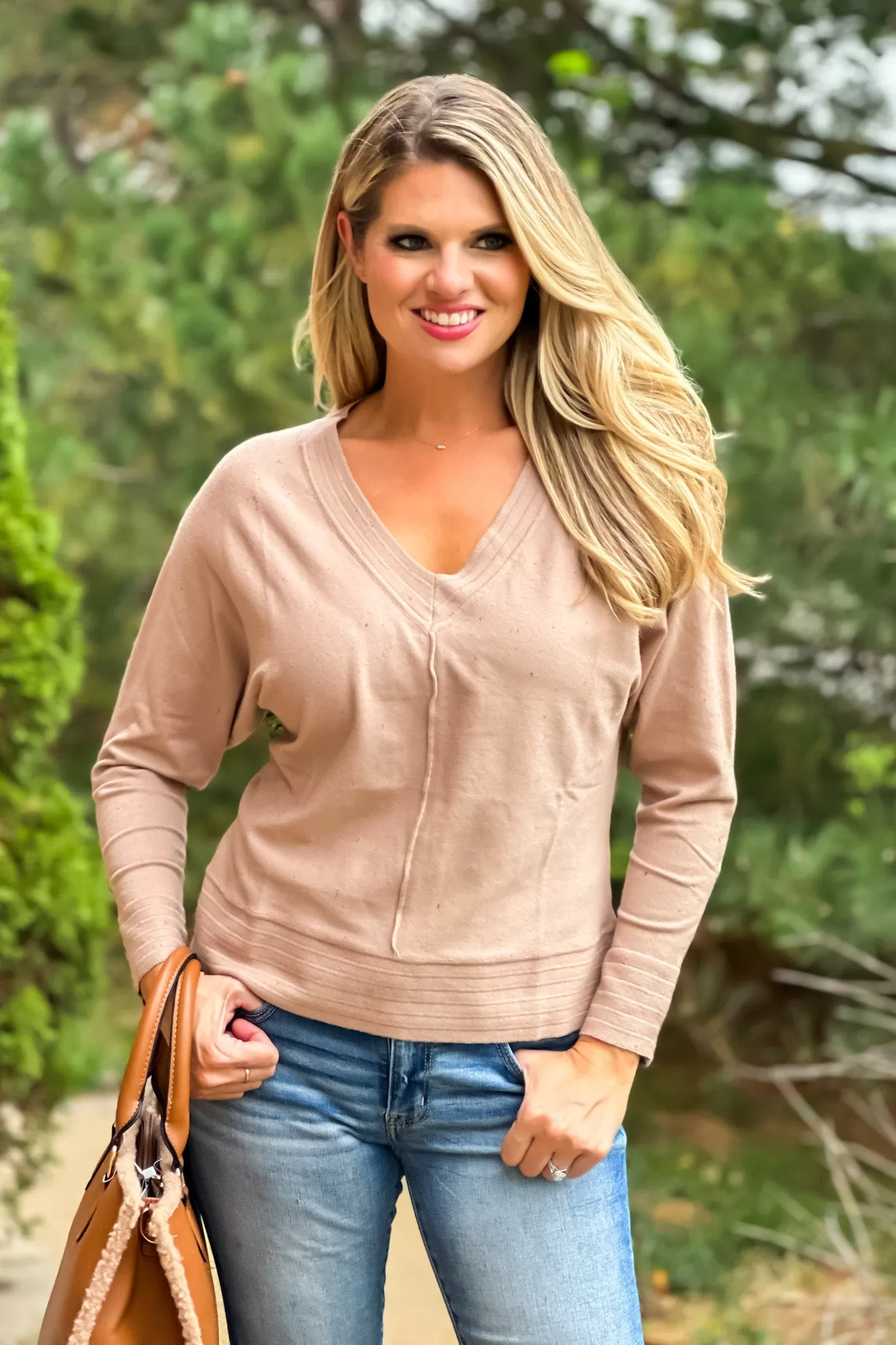 Endearing Love V-Neck Dolman Sleeve Sweater : Tan