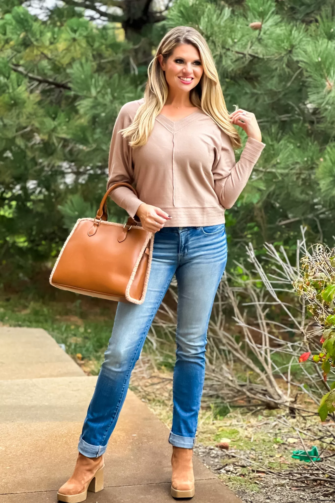 Endearing Love V-Neck Dolman Sleeve Sweater : Tan