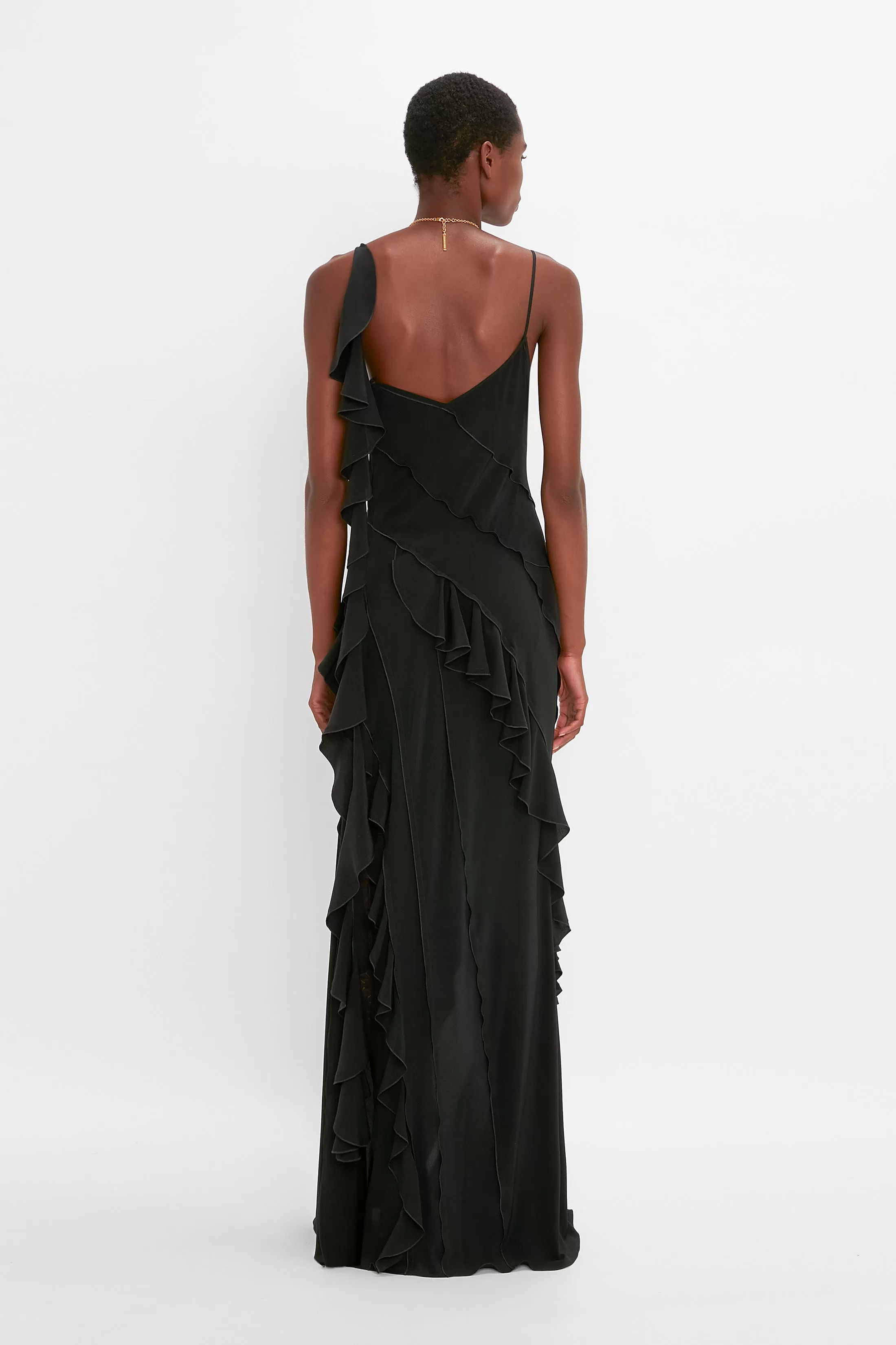 Exclusive Asymmetric Bias Frill Dress In Black