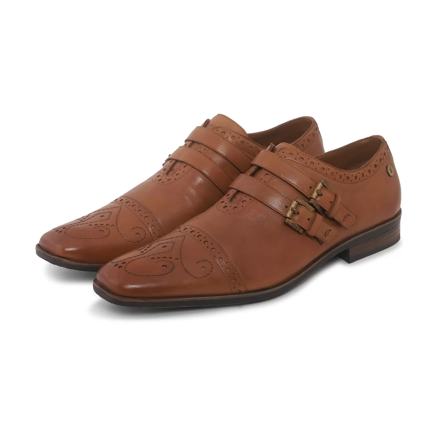 Ezok Men Tan Double Monk Strap Shoes