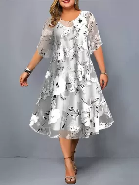 Floral Chiffon Midi Dress Set for Plus Size Women with Half Sleeves and Crew Neck