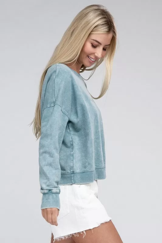 French Terry Acid Wash Boat Neck Pullover