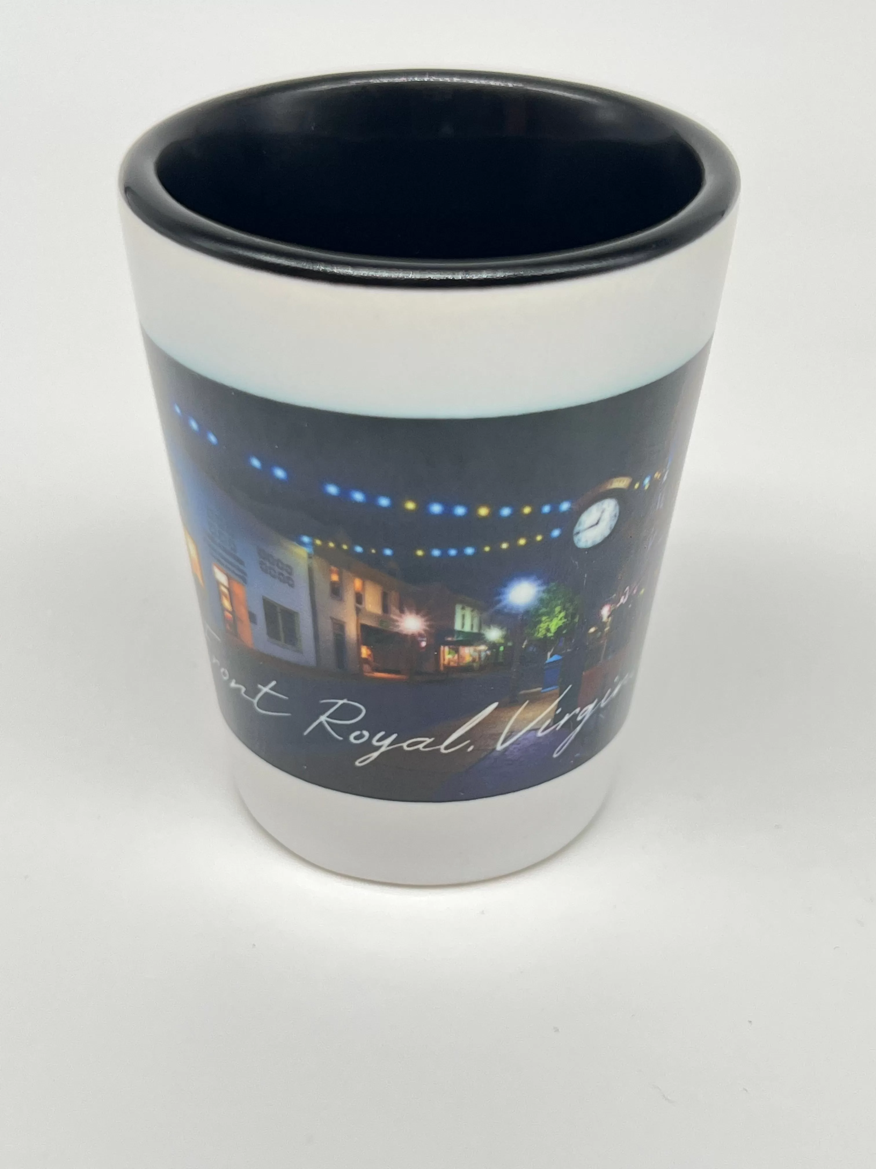 Front Royal Virginia Main Street at Night Ceramic Shot Glass - River