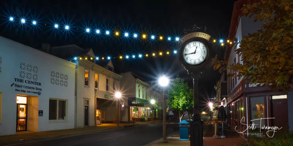 Front Royal Virginia Main Street at Night Ceramic Shot Glass - River