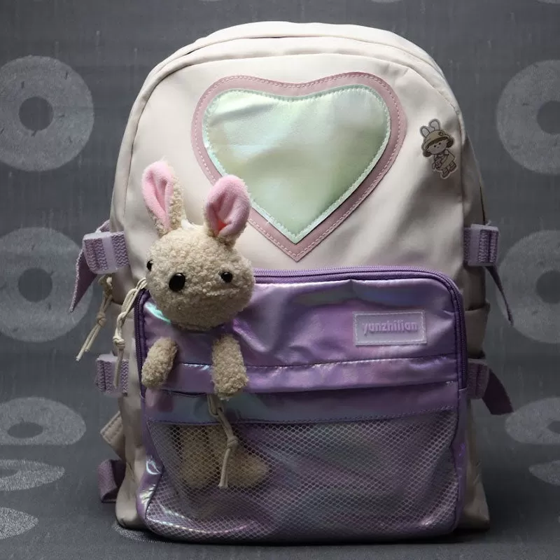 Girls Holographic Cartoon Rabbit & Letter Patch Decor Functional Backpack