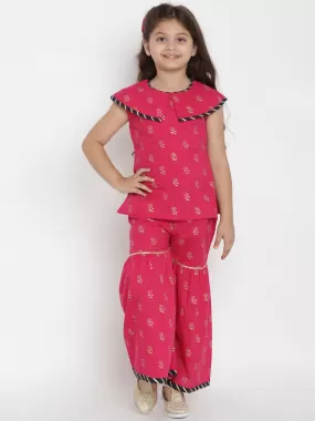 Girls Pink & Gold-Toned Printed Top With Palazzos