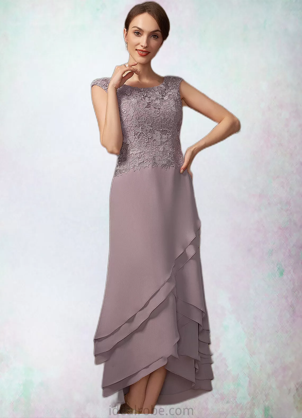 Giuliana A-Line Scoop Neck Asymmetrical Chiffon Lace Mother of the Bride Dress With Cascading Ruffles STK126P0014850