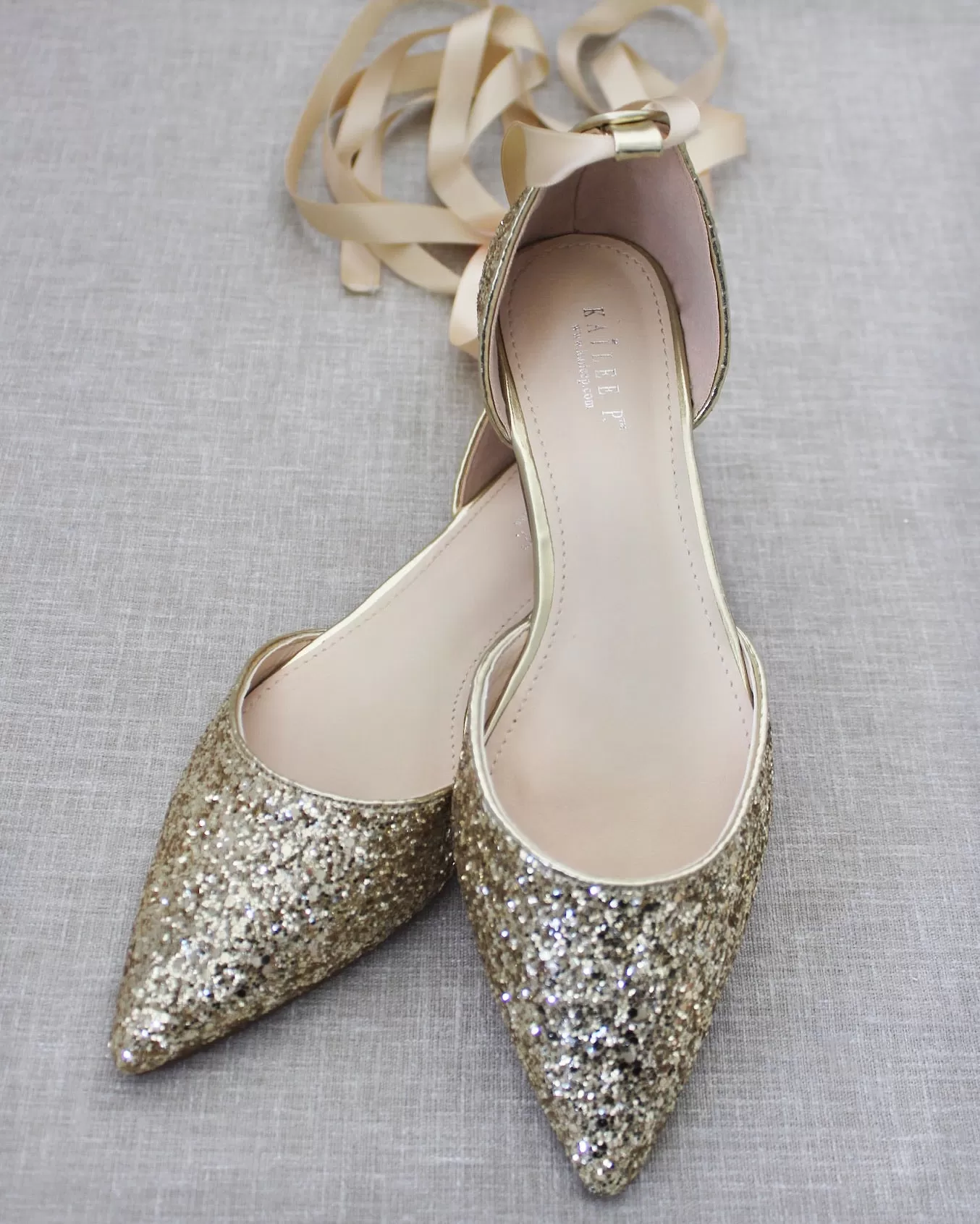 Gold Rock Glitter Pointy Toe Flats with Satin Ankle Tie or Ballerina Lace Up