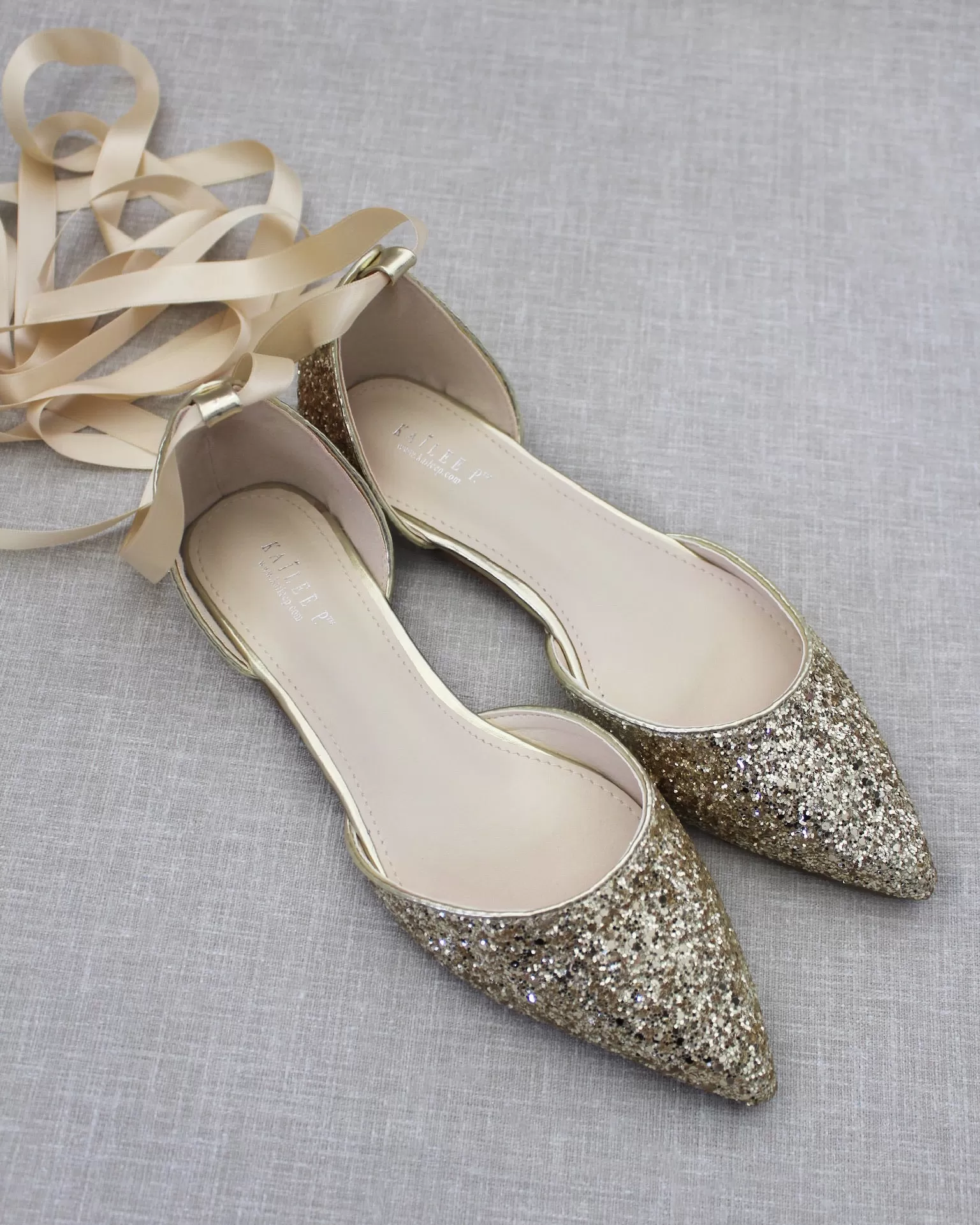 Gold Rock Glitter Pointy Toe Flats with Satin Ankle Tie or Ballerina Lace Up