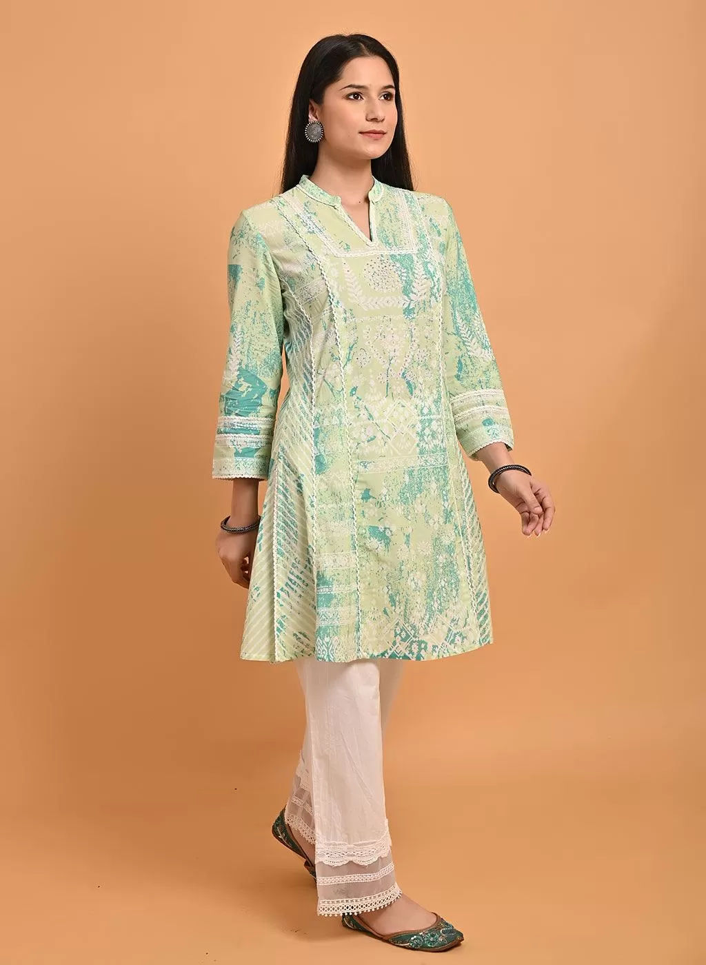 Green Printed Short Kurti for Women with Lace Detailing