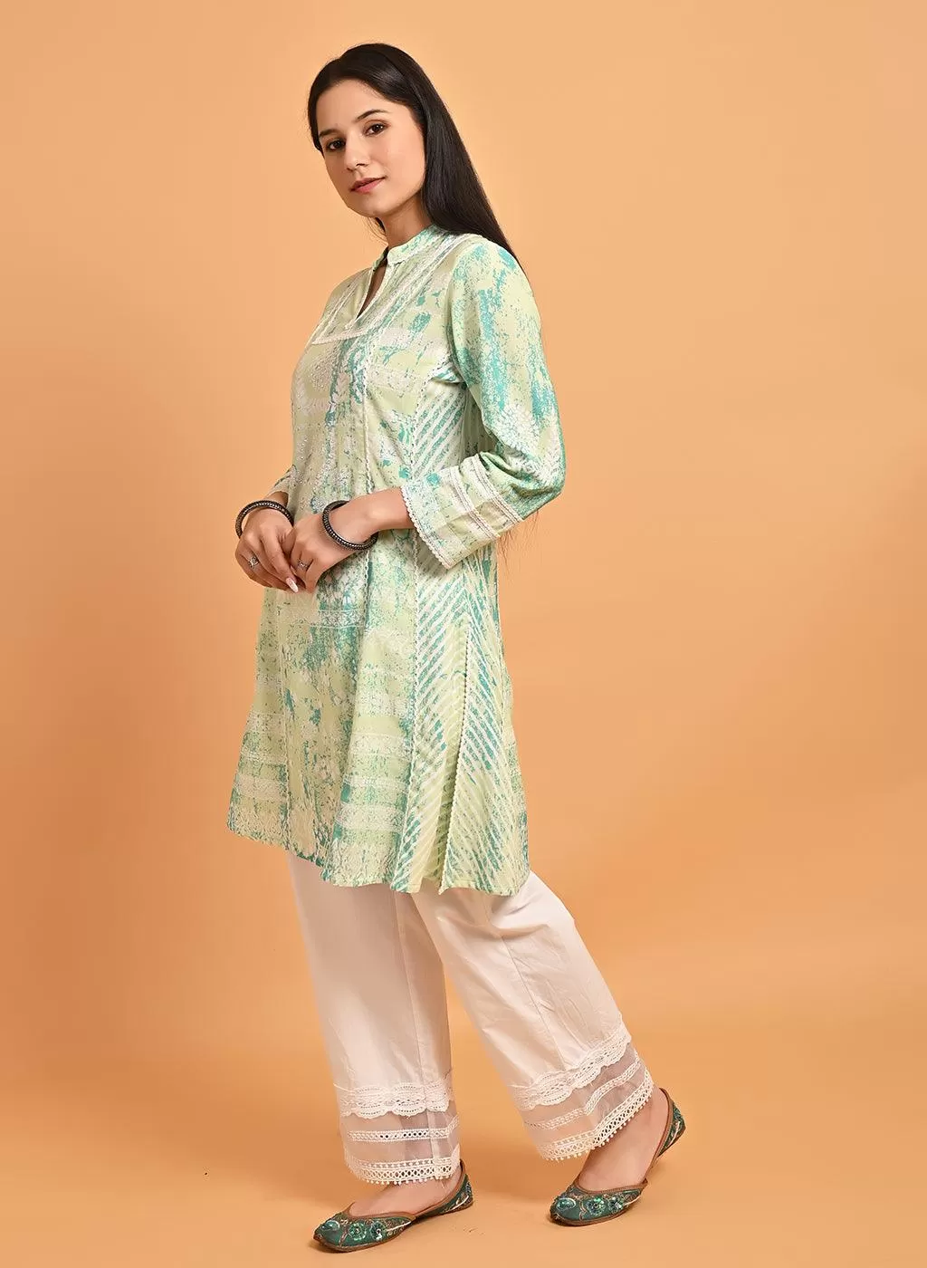 Green Printed Short Kurti for Women with Lace Detailing