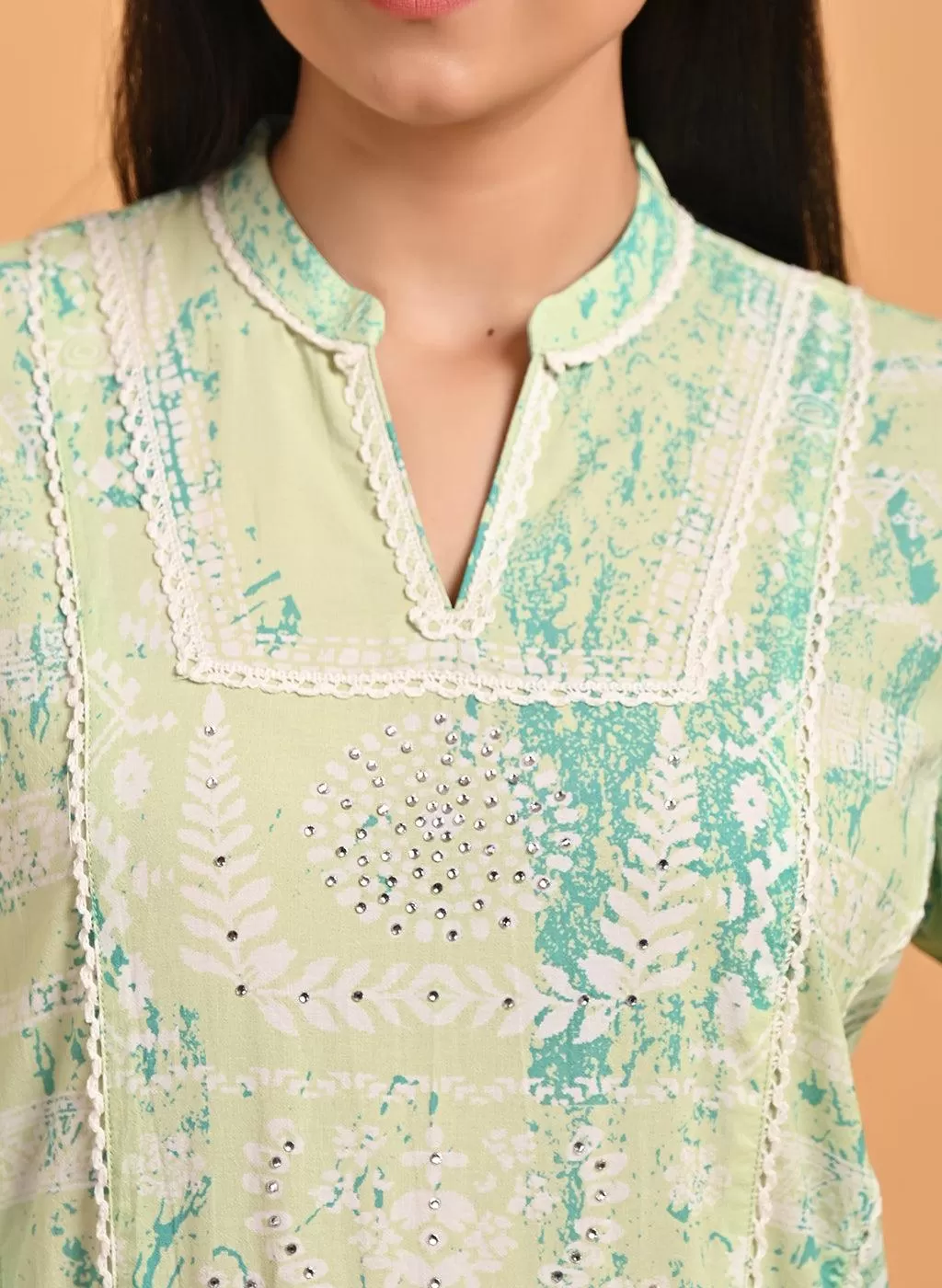 Green Printed Short Kurti for Women with Lace Detailing