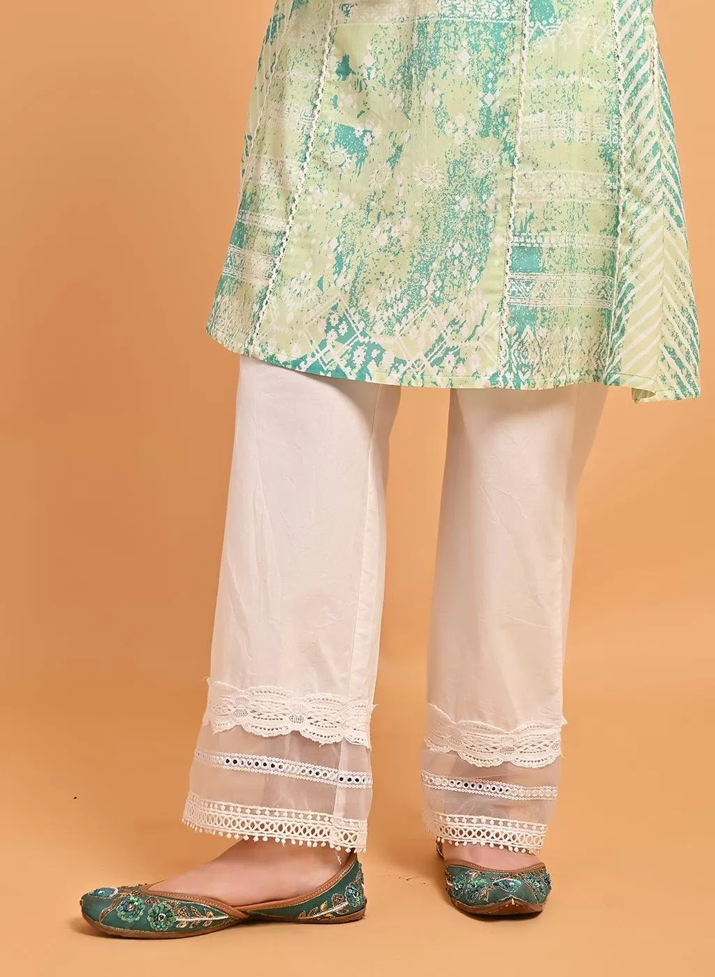 Green Printed Short Kurti for Women with Lace Detailing