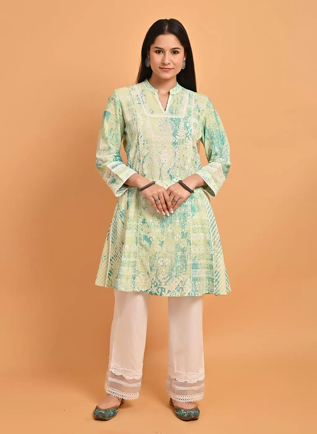 Green Printed Short Kurti for Women with Lace Detailing