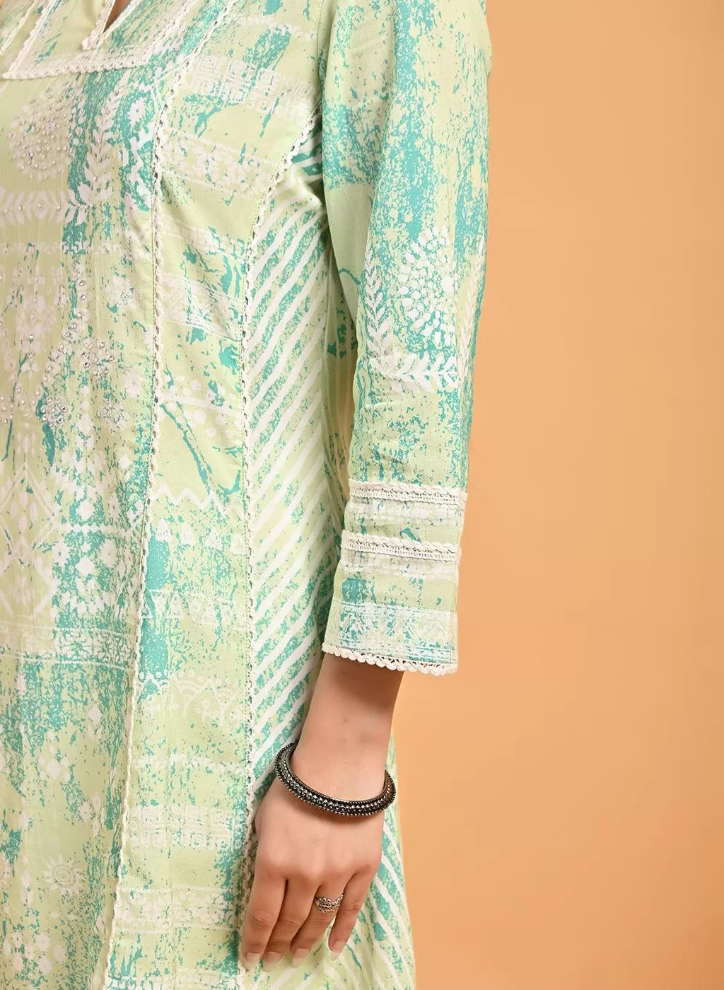 Green Printed Short Kurti for Women with Lace Detailing